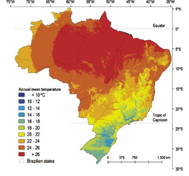 Brazil temperature map Map of Brazil temperature (South America